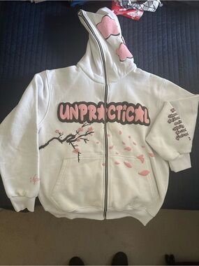 NWOT Unpractical White Zip-Up Hoodie with Pink Cherry Blossom Graphics